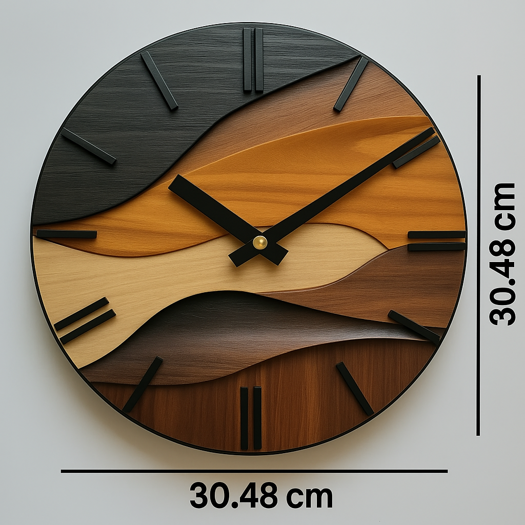 Artistic Round Glass Wall Clock | Nordic Style Faux Wood Grain Design 4
