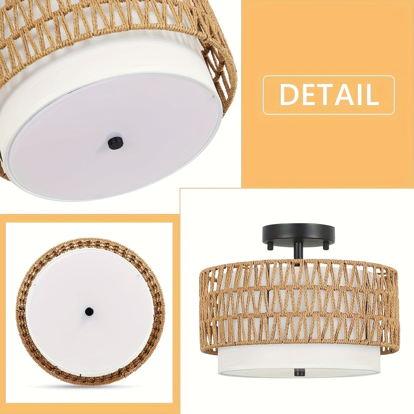 Boho Rattan Ceiling Light | Semi-Flush Mount with Linen Shade 7