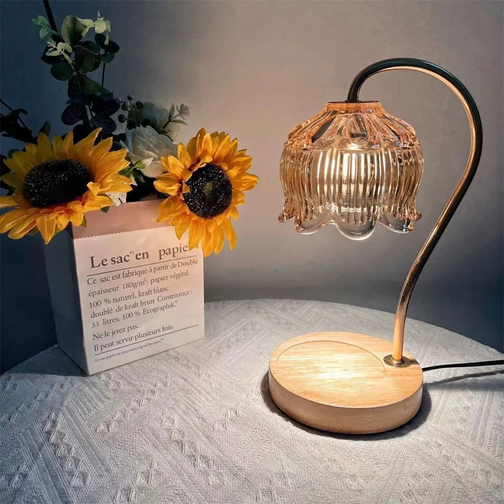 Candle Warmer Lamp | Retro Glass Shade & Solid Wood Base 3