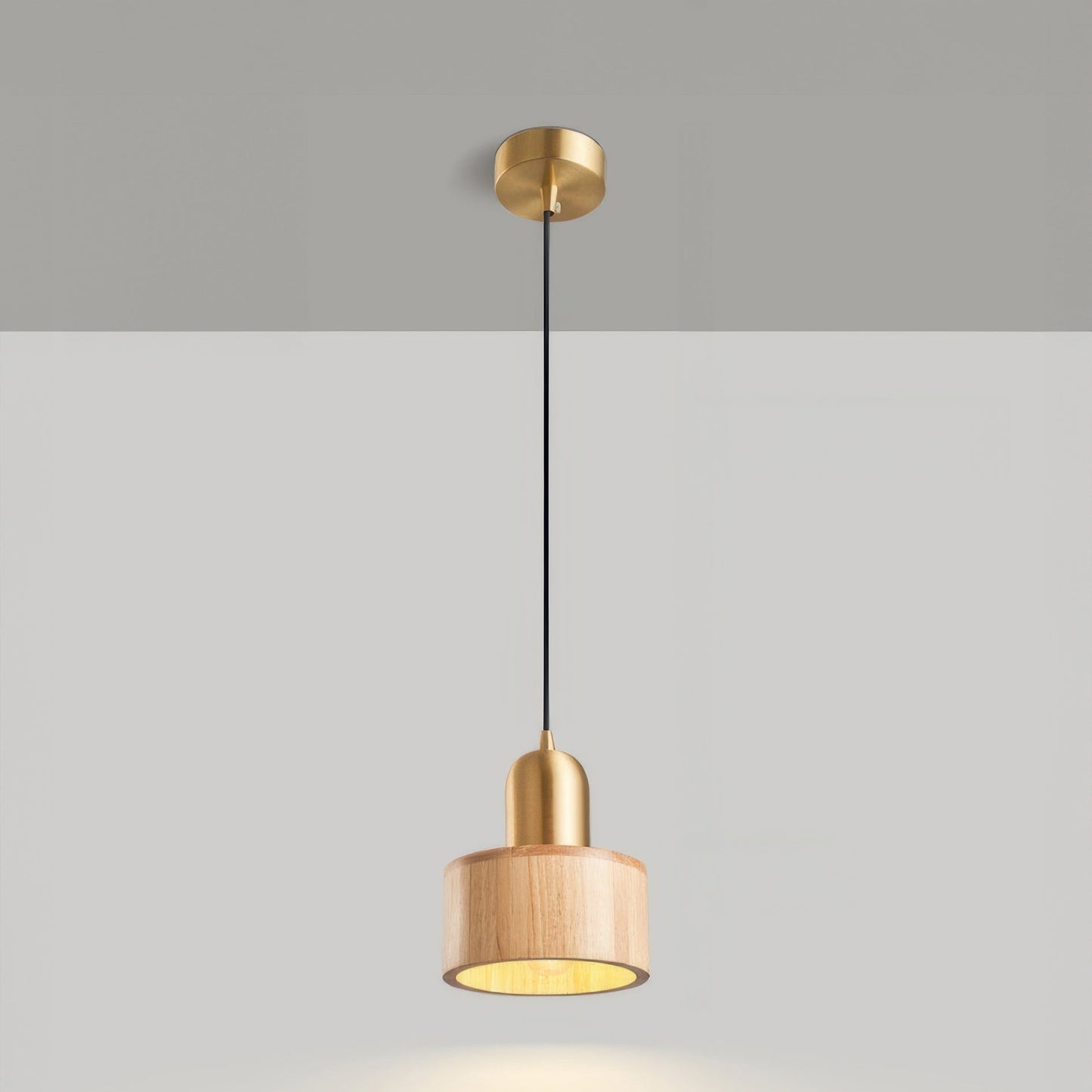 Cylinder Pendant Light | Japanese-Style Walnut & Brass Hanging Lamp 9