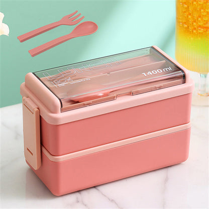 1400ml Double Layer Bento Box | Portable Lunch Box with Fork & Spoon – Microwave Safe Food Storage for Kids & Adults 0