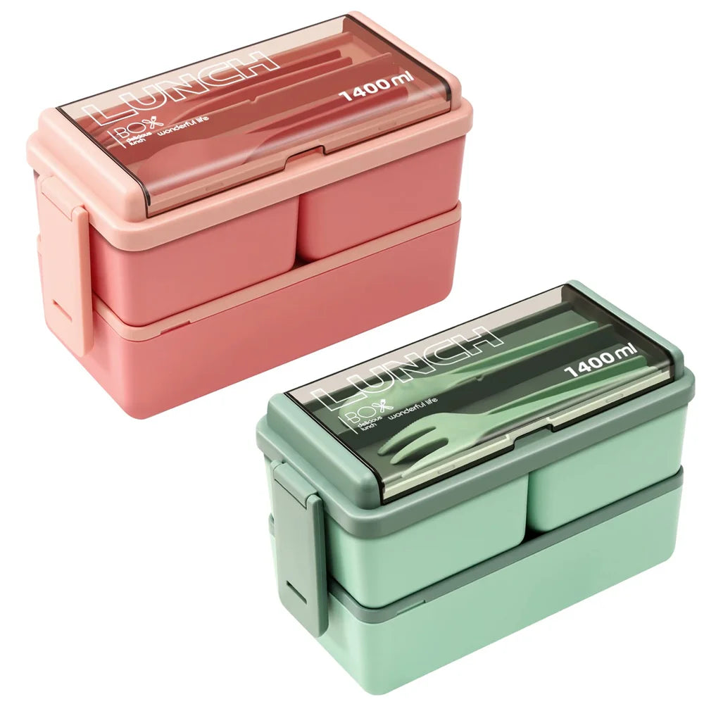 1400ml Double Layer Bento Box | Portable Lunch Box with Fork & Spoon – Microwave Safe Food Storage for Kids & Adults 1