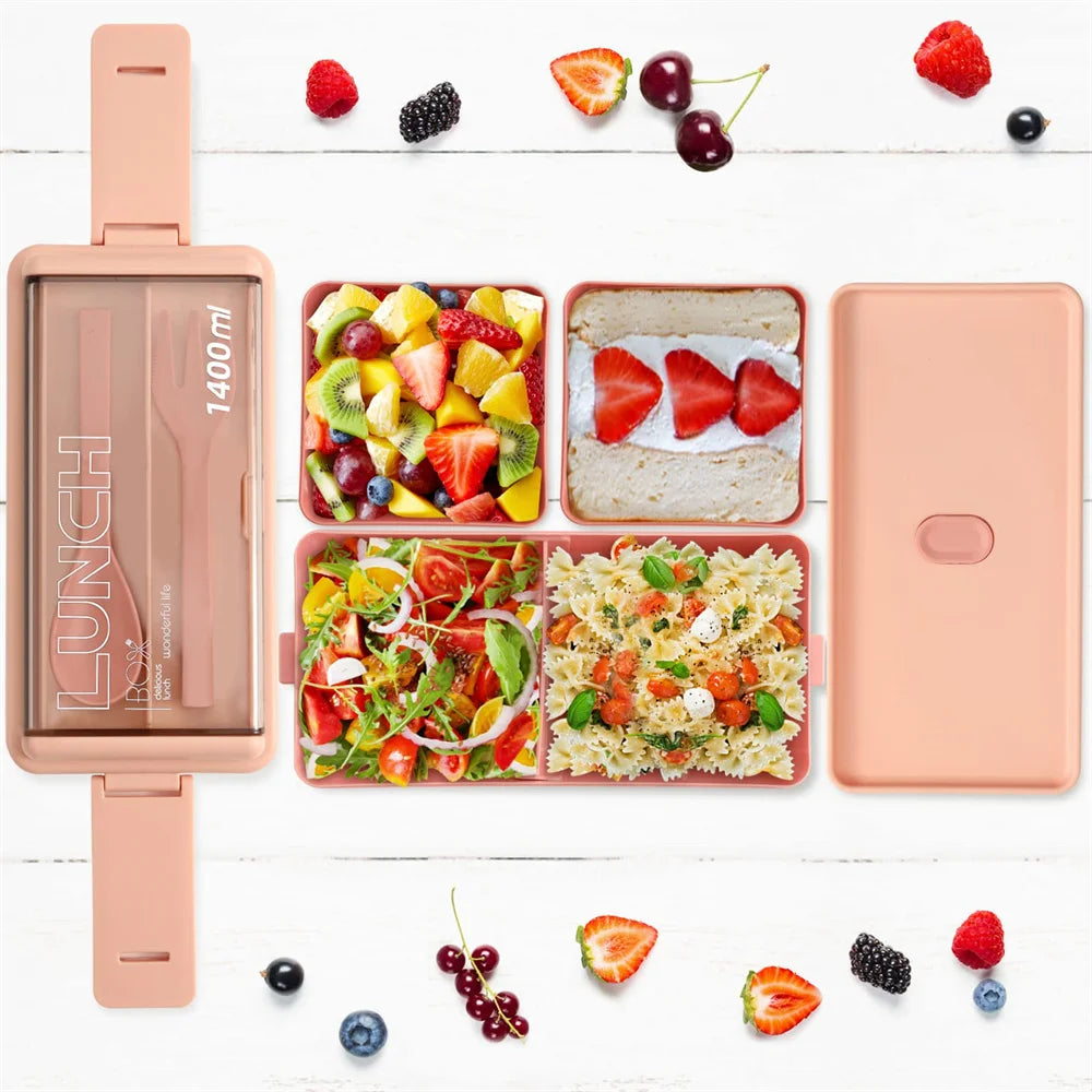 1400ml Double Layer Bento Box | Portable Lunch Box with Fork & Spoon – Microwave Safe Food Storage for Kids & Adults 3