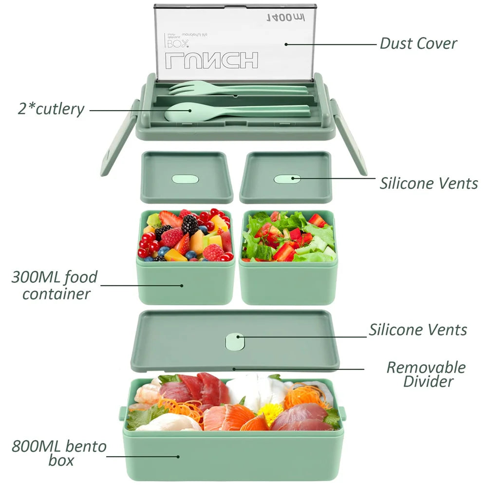 1400ml Double Layer Bento Box | Portable Lunch Box with Fork & Spoon – Microwave Safe Food Storage for Kids & Adults 4