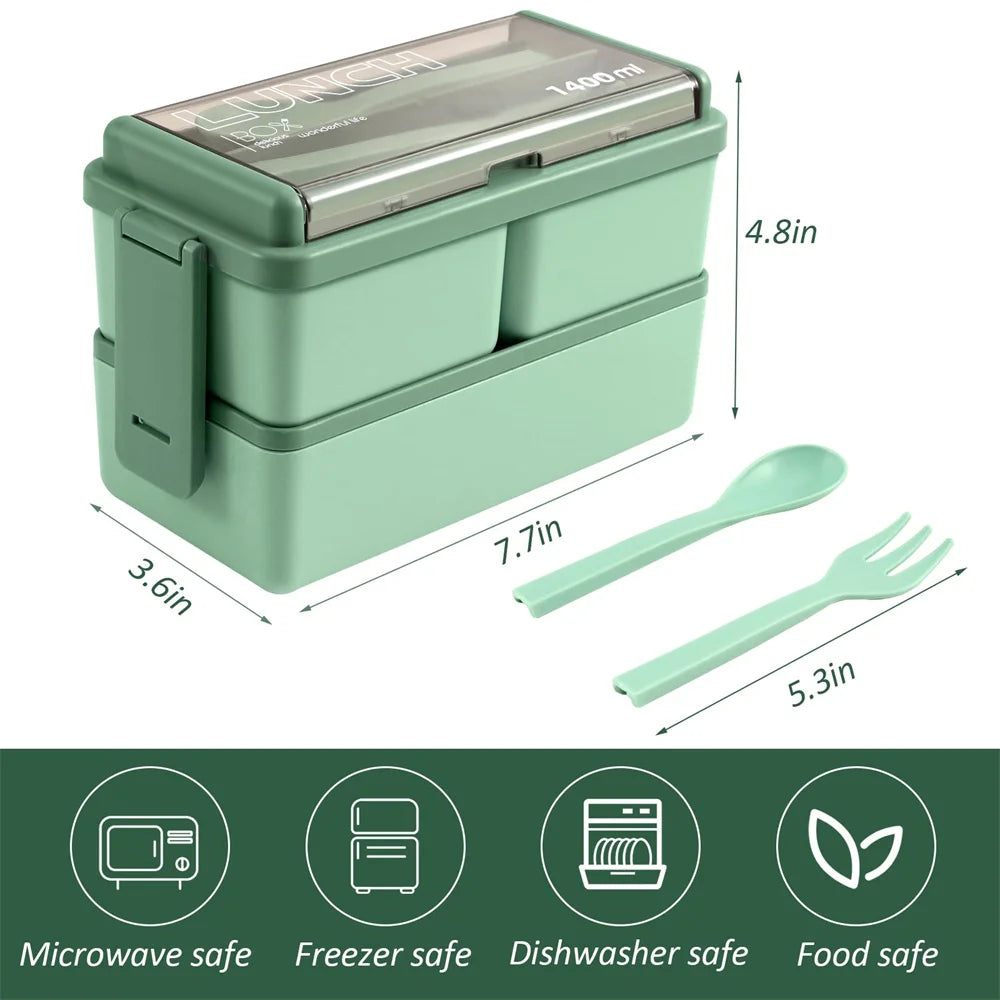 1400ml Double Layer Bento Box | Portable Lunch Box with Fork & Spoon – Microwave Safe Food Storage for Kids & Adults 5