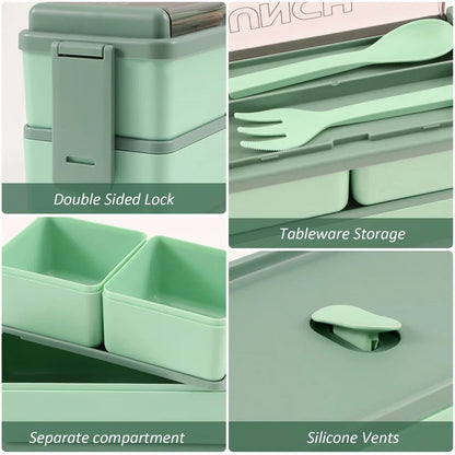 1400ml Double Layer Bento Box | Portable Lunch Box with Fork & Spoon – Microwave Safe Food Storage for Kids & Adults 6