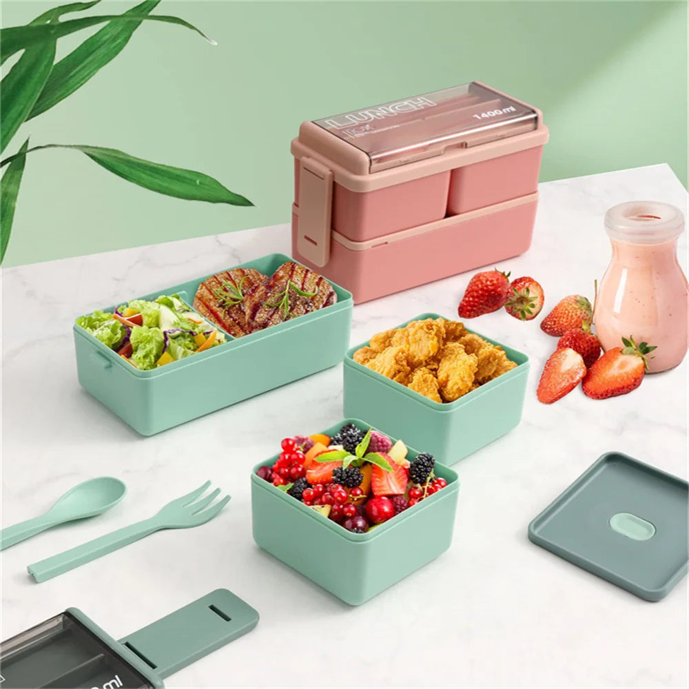 1400ml Double Layer Bento Box | Portable Lunch Box with Fork & Spoon – Microwave Safe Food Storage for Kids & Adults 7