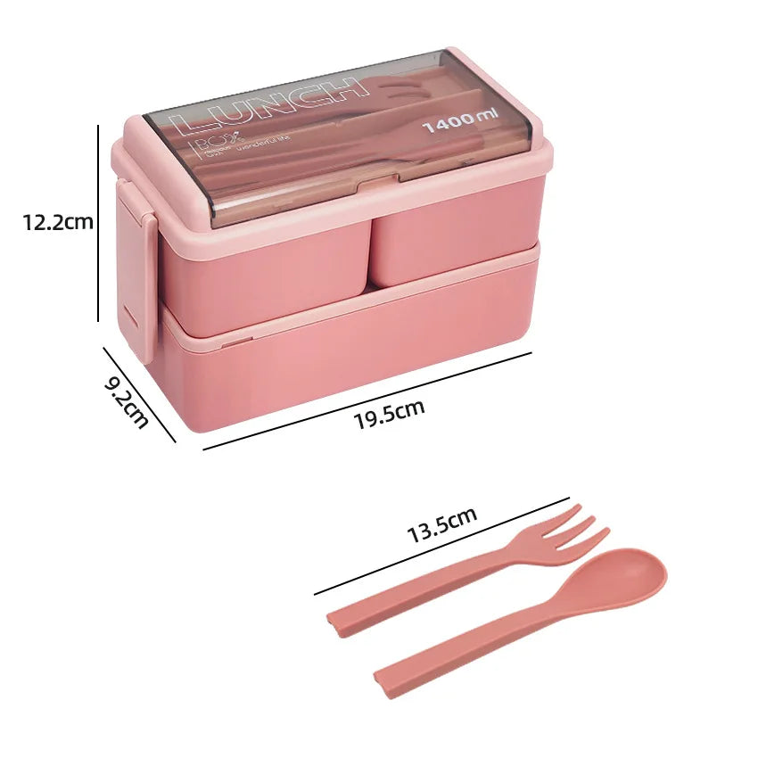1400ml Double Layer Bento Box | Portable Lunch Box with Fork & Spoon – Microwave Safe Food Storage for Kids & Adults 8