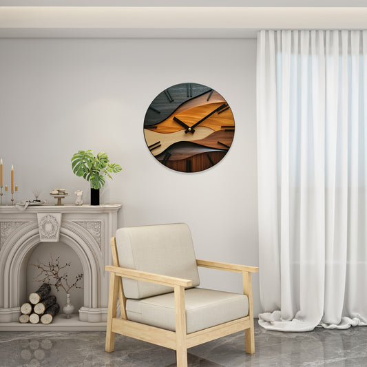 Artistic Round Glass Wall Clock | Nordic Style Faux Wood Grain Design 0