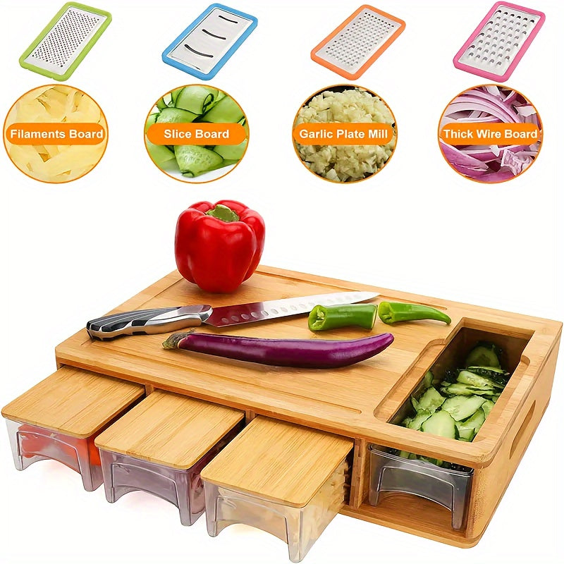 Bamboo Cutting Board with Storage Trays & Graters | Multifunctional Kitchen Prep Station 0