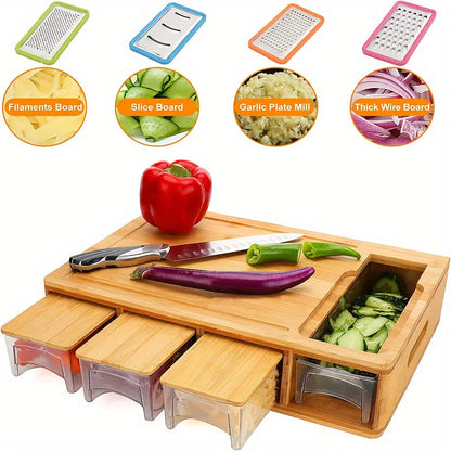 Bamboo Cutting Board with Storage Trays & Graters | Multifunctional Kitchen Prep Station 0