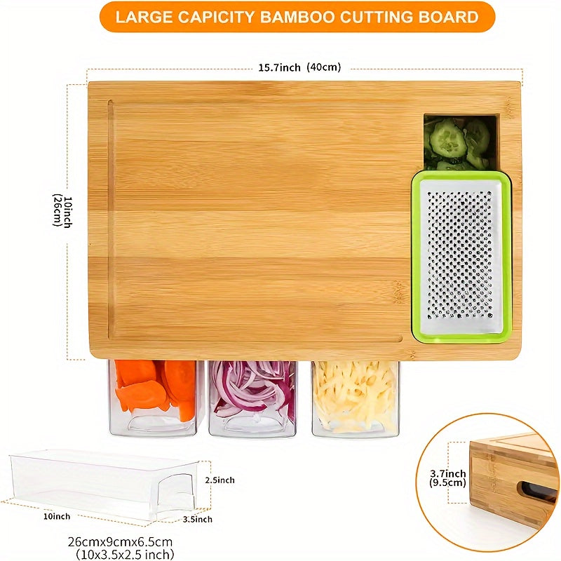 Bamboo Cutting Board with Storage Trays & Graters | Multifunctional Kitchen Prep Station 4