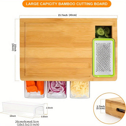 Bamboo Cutting Board with Storage Trays & Graters | Multifunctional Kitchen Prep Station 4
