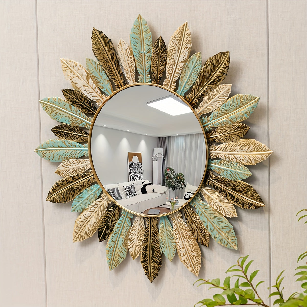 Bohemian Sunburst Metal Wall Mirror | Teal & Gold Leaf Design 0