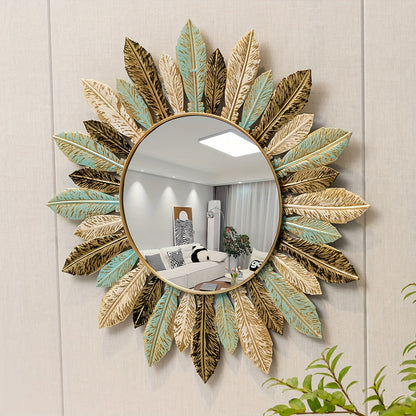 Bohemian Sunburst Metal Wall Mirror | Teal & Gold Leaf Design 0
