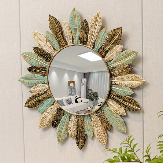 Bohemian Sunburst Metal Wall Mirror | Teal & Gold Leaf Design 0