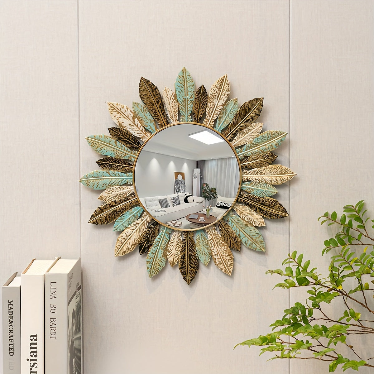 Bohemian Sunburst Metal Wall Mirror | Teal & Gold Leaf Design 1