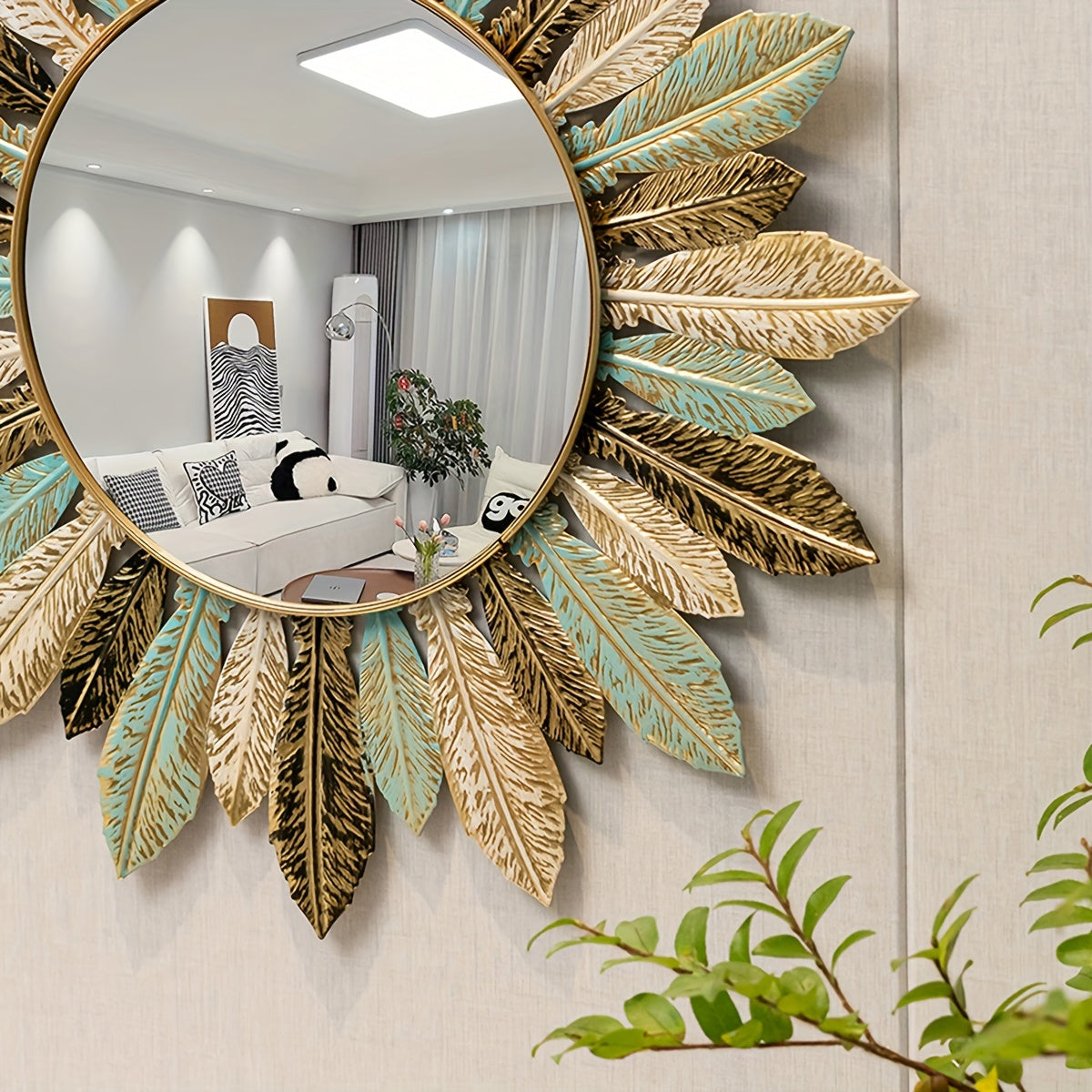 Bohemian Sunburst Metal Wall Mirror | Teal & Gold Leaf Design 2