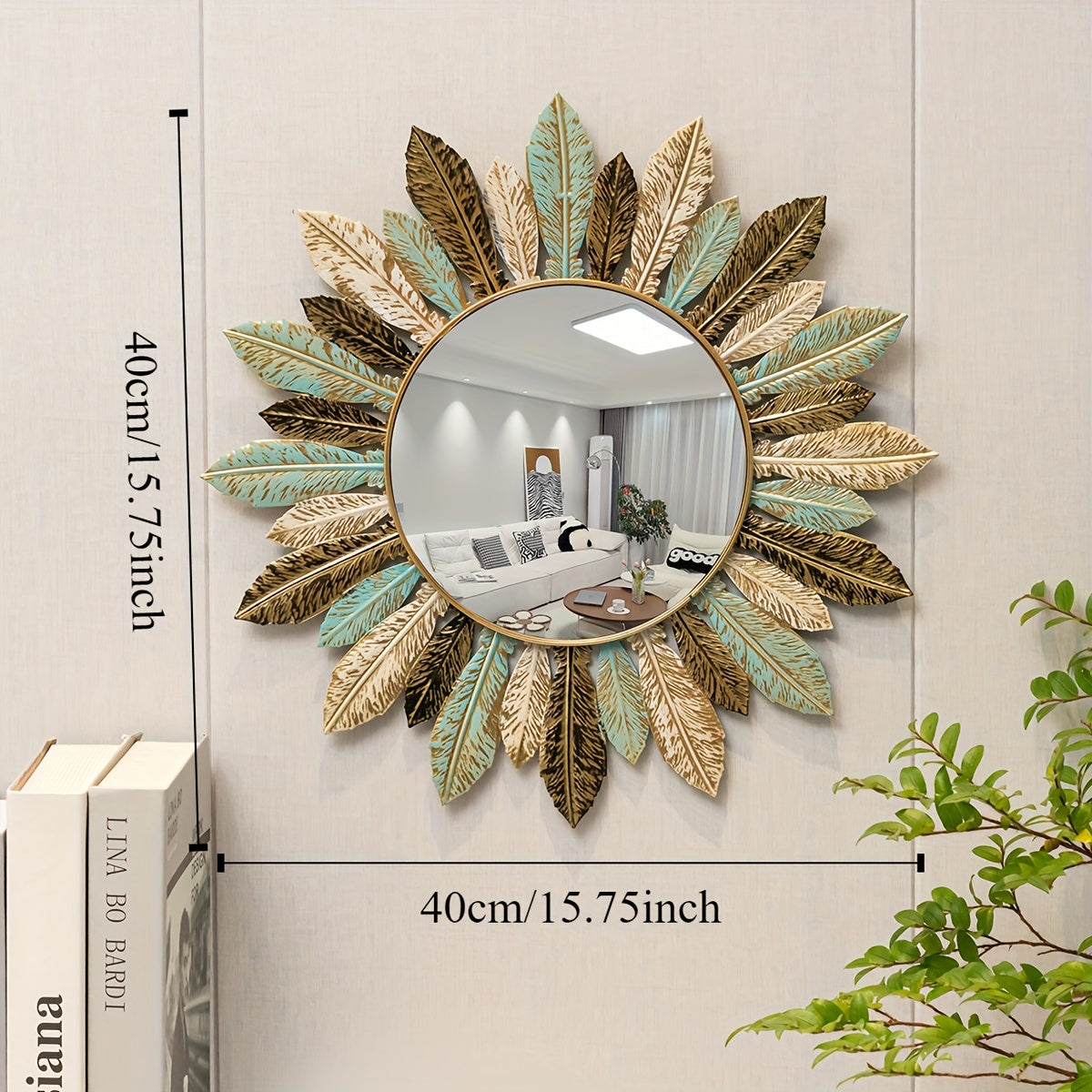 Bohemian Sunburst Metal Wall Mirror | Teal & Gold Leaf Design 3