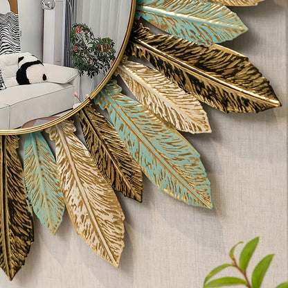Bohemian Sunburst Metal Wall Mirror | Teal & Gold Leaf Design 4