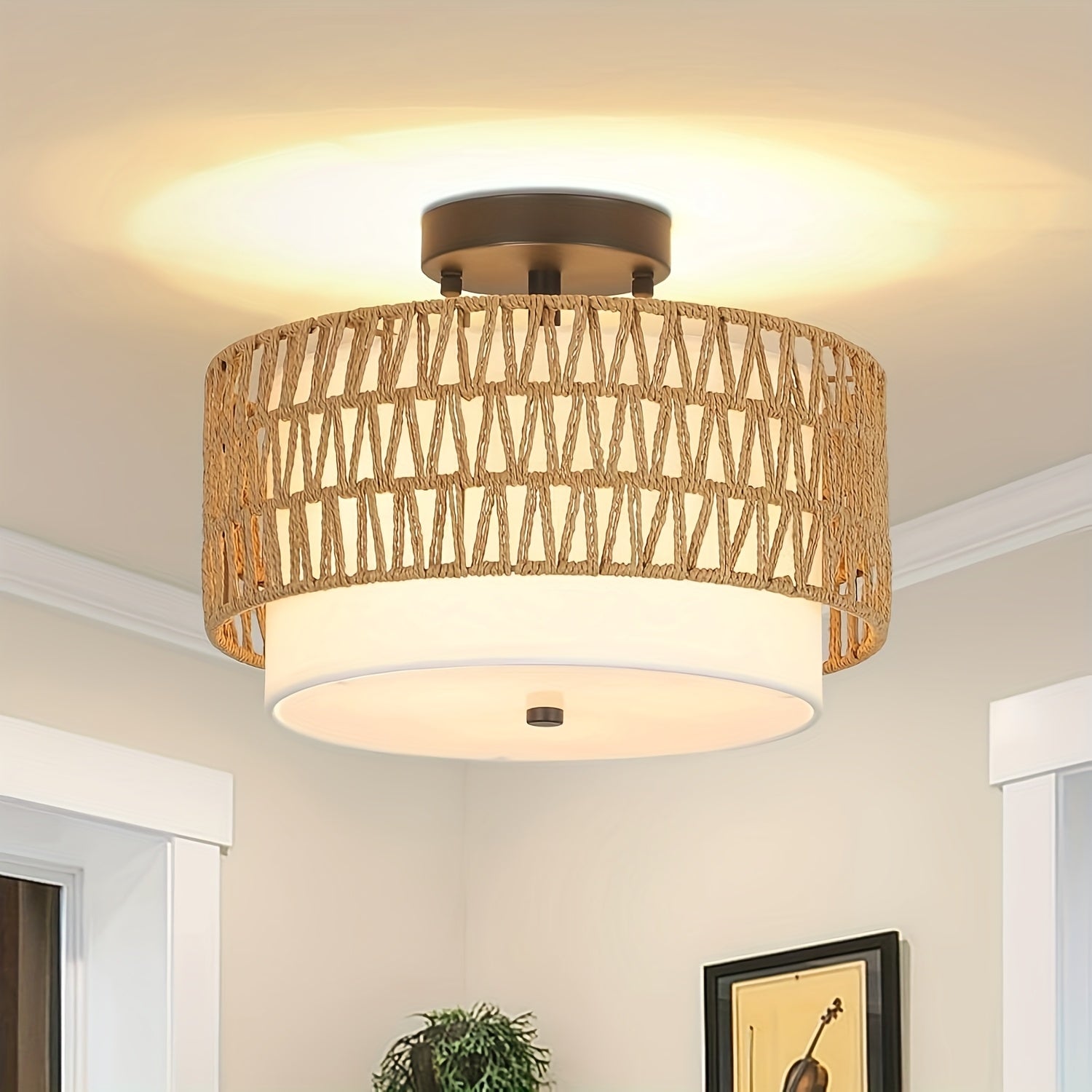 Boho Rattan Ceiling Light | Semi-Flush Mount with Linen Shade 0