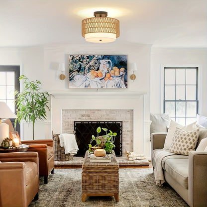 Boho Rattan Ceiling Light | Semi-Flush Mount with Linen Shade 3