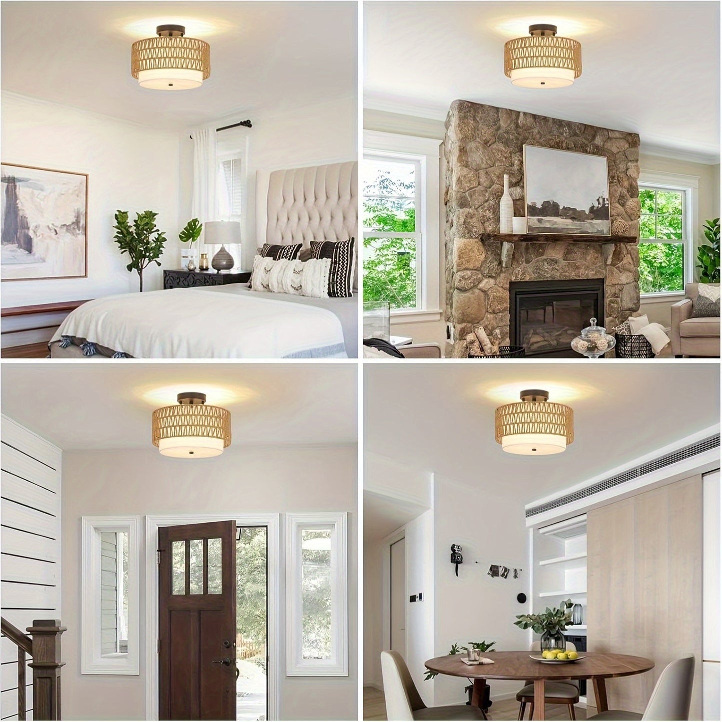 Boho Rattan Ceiling Light | Semi-Flush Mount with Linen Shade 4