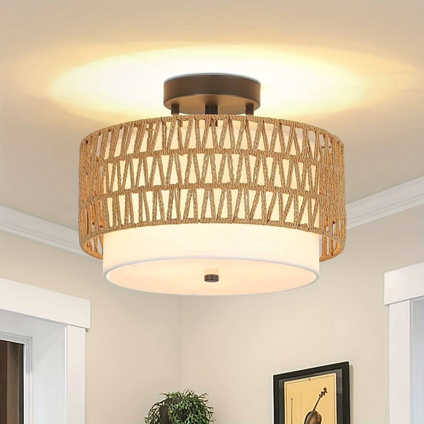 Boho Rattan Ceiling Light | Semi-Flush Mount with Linen Shade 5