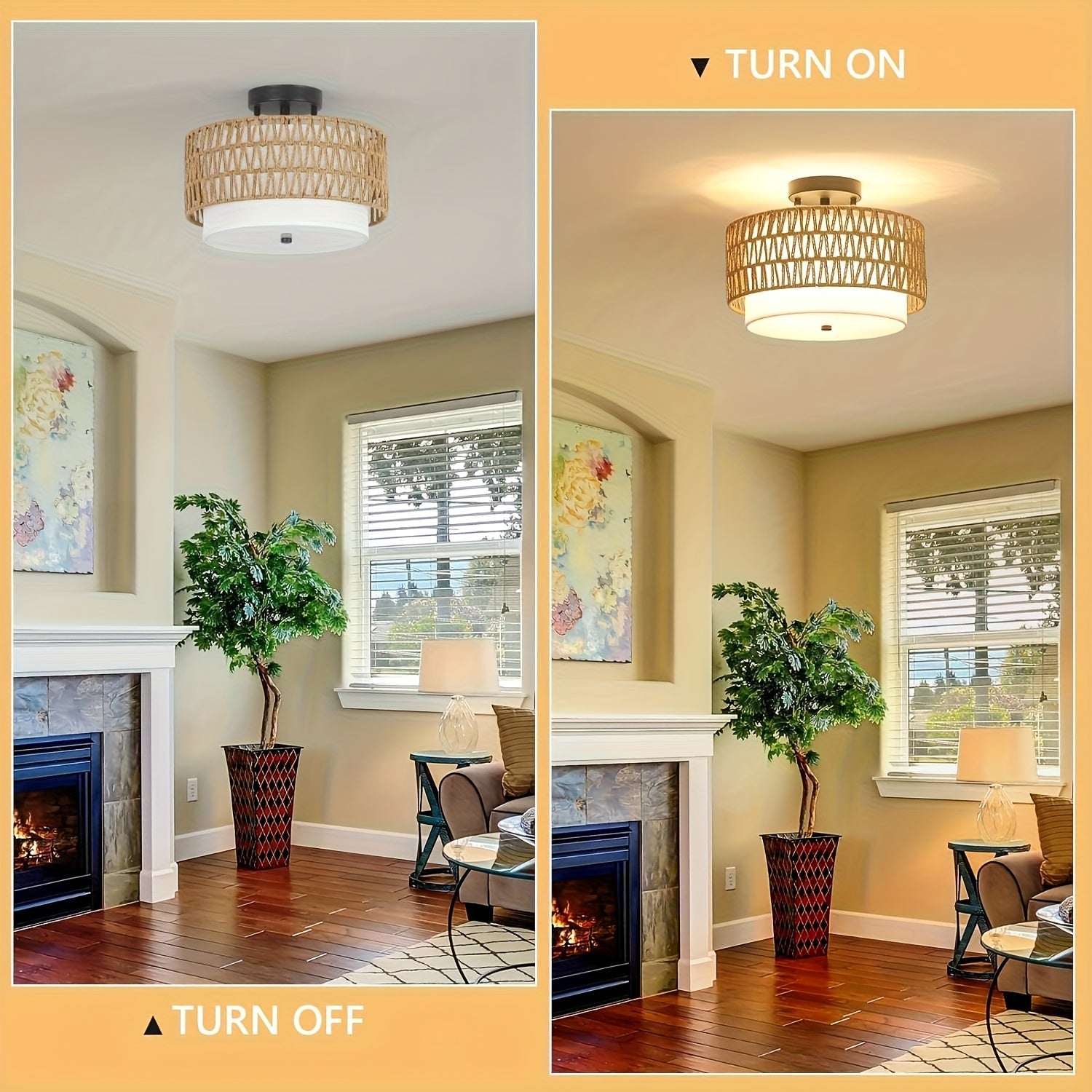 Boho Rattan Ceiling Light | Semi-Flush Mount with Linen Shade 6