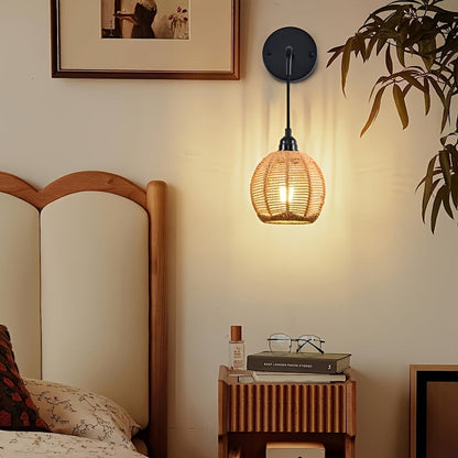 Boho Rattan Wall Lamp | Handwoven Bedside & Living Room Sconce 0