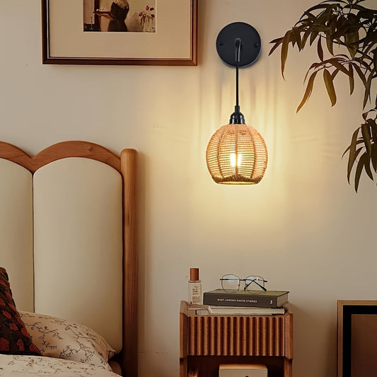 Boho Rattan Wall Lamp | Handwoven Bedside & Living Room Sconce 0