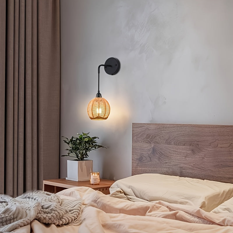 Boho Rattan Wall Lamp | Handwoven Bedside & Living Room Sconce 2