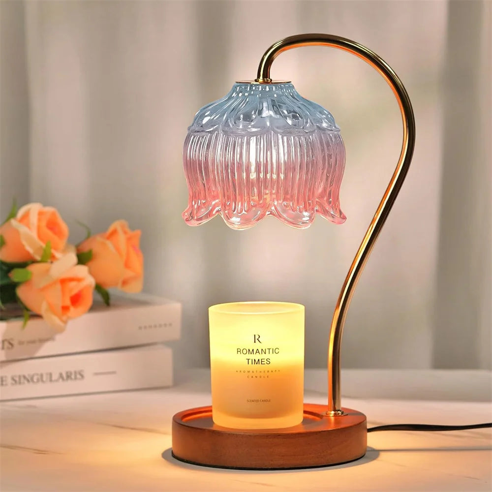 Candle Warmer Lamp | Retro Glass Shade & Solid Wood Base 0