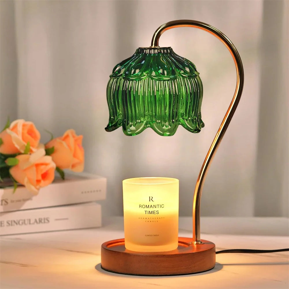 Candle Warmer Lamp | Retro Glass Shade & Solid Wood Base 1