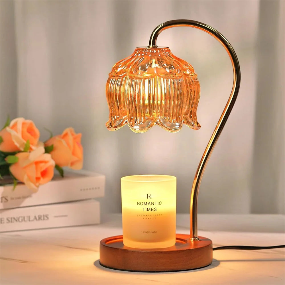 Candle Warmer Lamp | Retro Glass Shade & Solid Wood Base 2