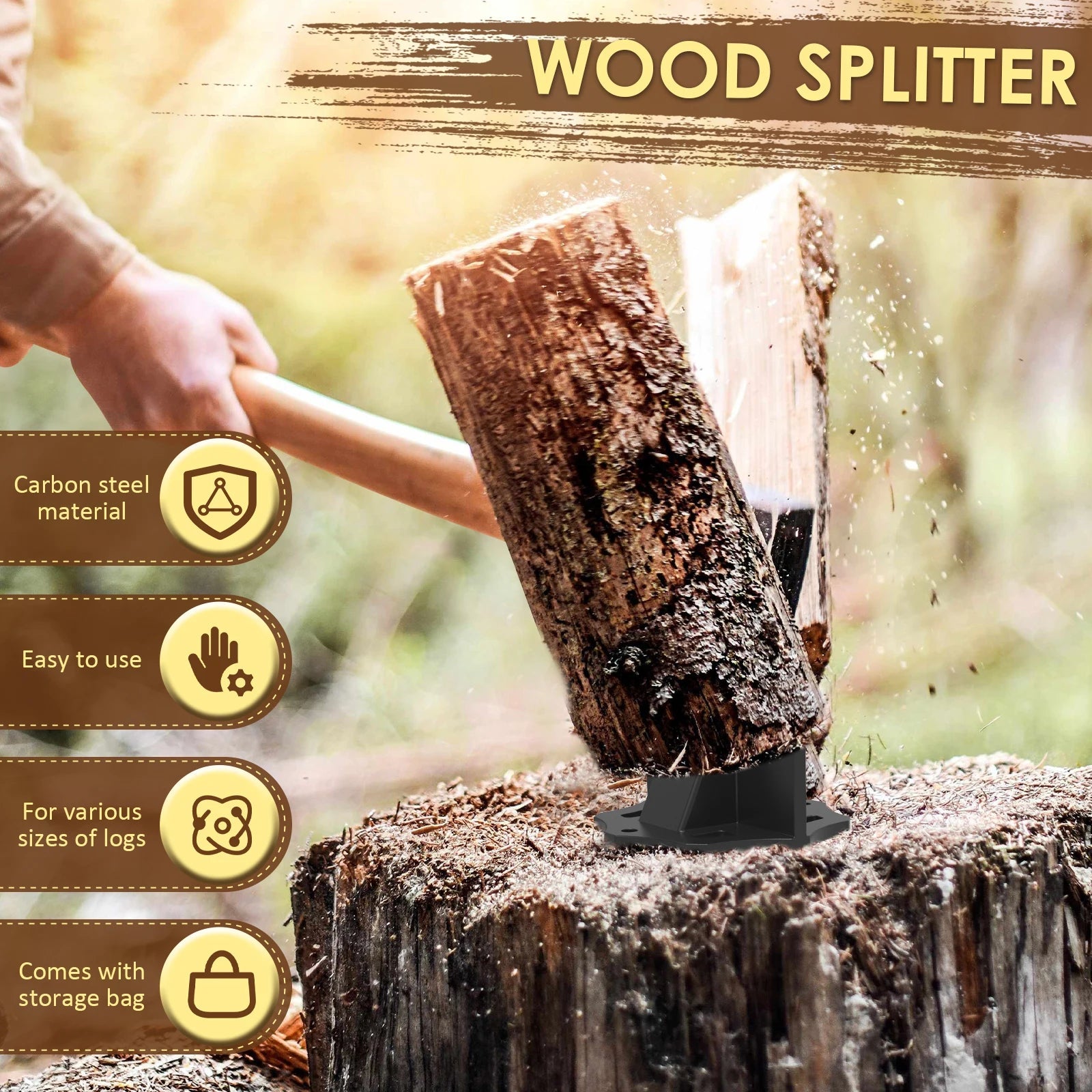 Carbon Steel Log Splitter | Portable Design with Cloth Bag for Efficient Firewood Preparation 4