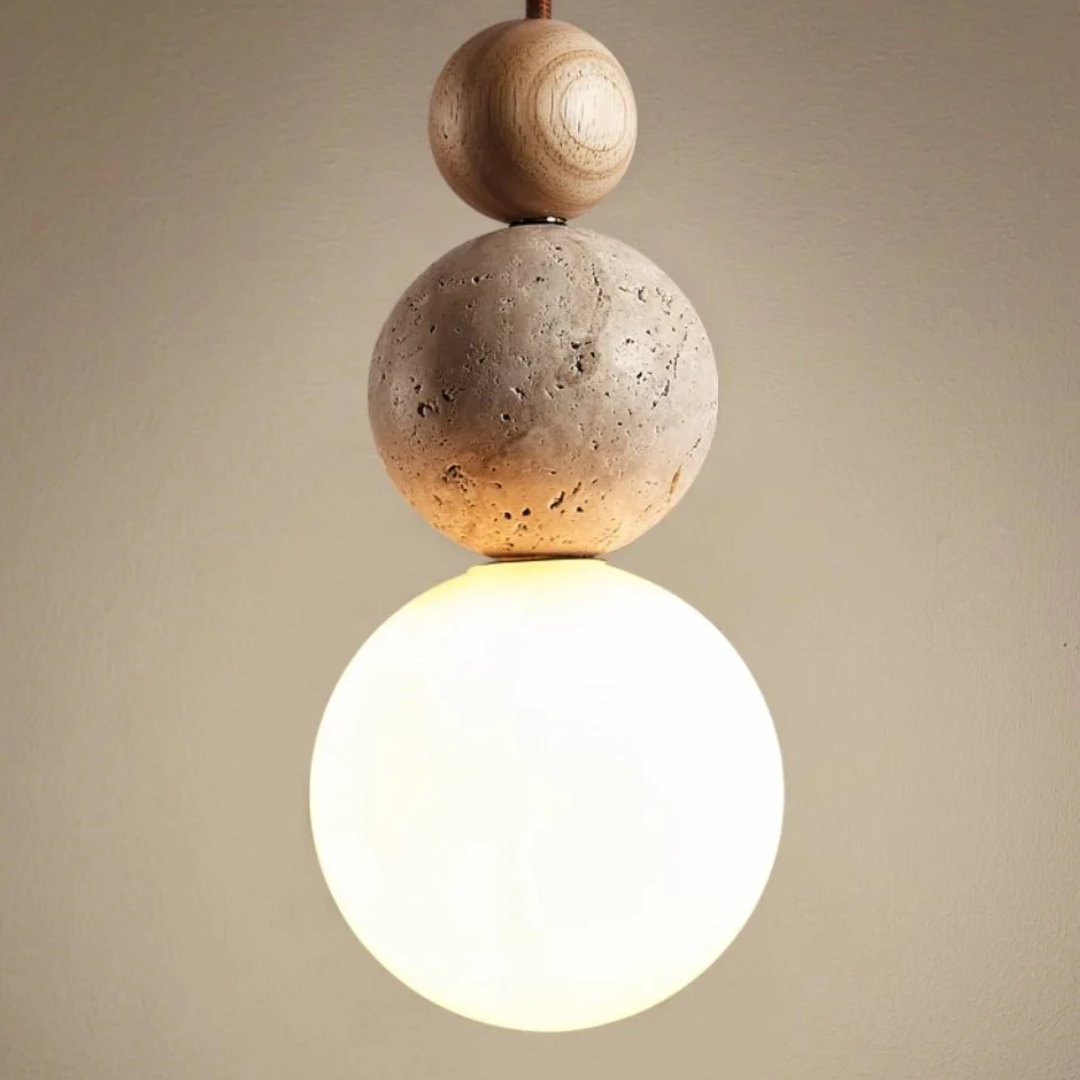Cleonice Pendant Light | Travertine, Wood & Glass Hanging Lamp 0