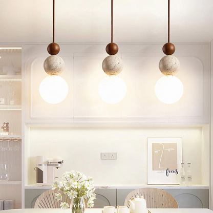 Cleonice Pendant Light | Travertine, Wood & Glass Hanging Lamp 1