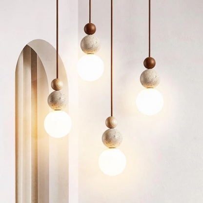 Cleonice Pendant Light | Travertine, Wood & Glass Hanging Lamp 2