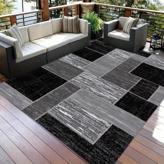 Coastal Grid | Outdoor Rug with Weather-Resistant Polyester | Modern Black & Grey Design for Stylish Outdoor Living 0