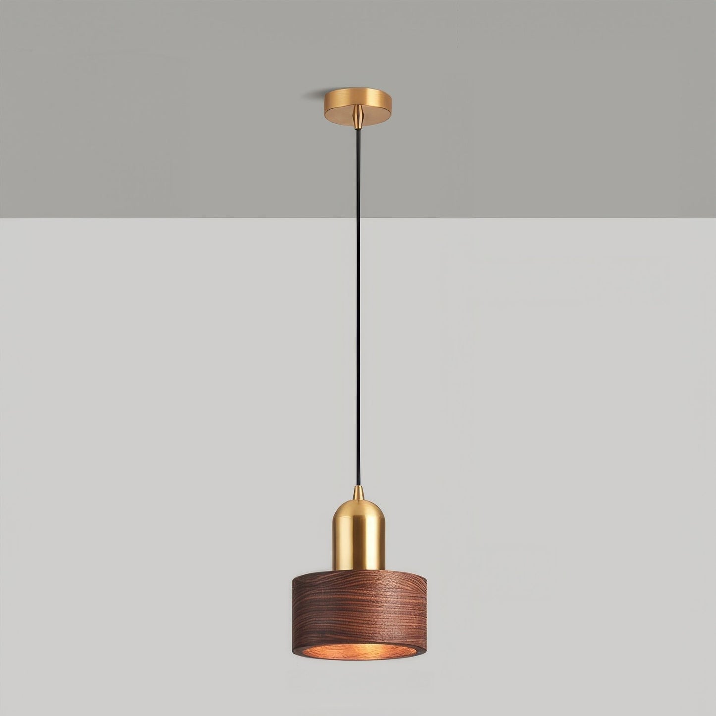Cylinder Pendant Light | Japanese-Style Walnut & Brass Hanging Lamp 0