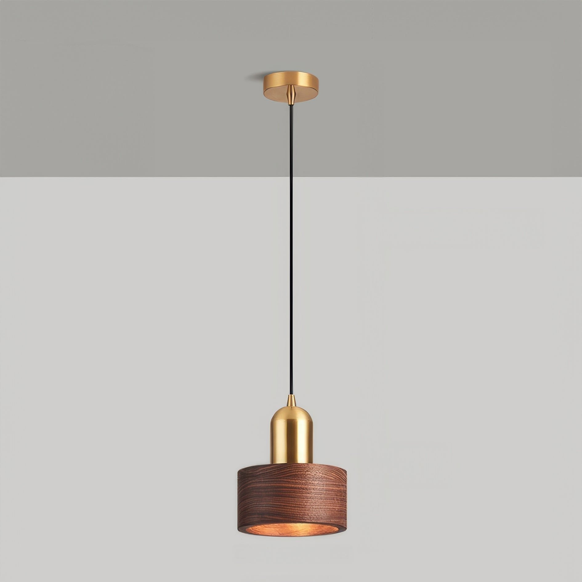 Cylinder Pendant Light | Japanese-Style Walnut & Brass Hanging Lamp 0