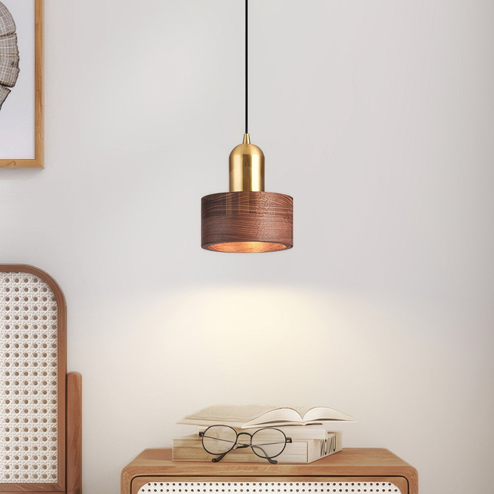 Cylinder Pendant Light | Japanese-Style Walnut & Brass Hanging Lamp 1