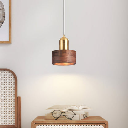 Cylinder Pendant Light | Japanese-Style Walnut & Brass Hanging Lamp 1