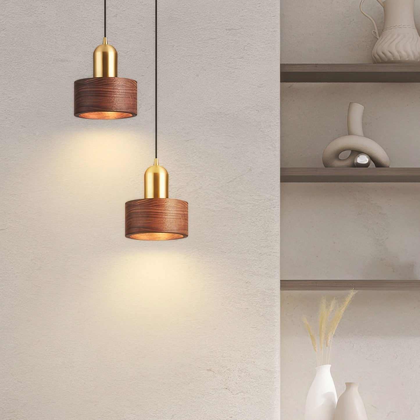 Cylinder Pendant Light | Japanese-Style Walnut & Brass Hanging Lamp 2