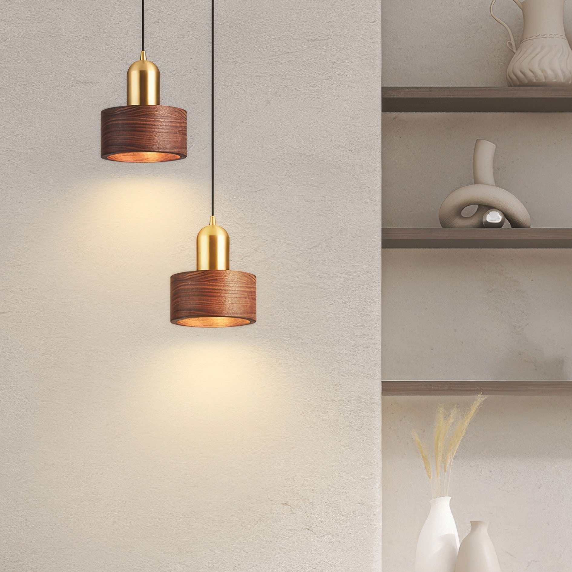Cylinder Pendant Light | Japanese-Style Walnut & Brass Hanging Lamp 2