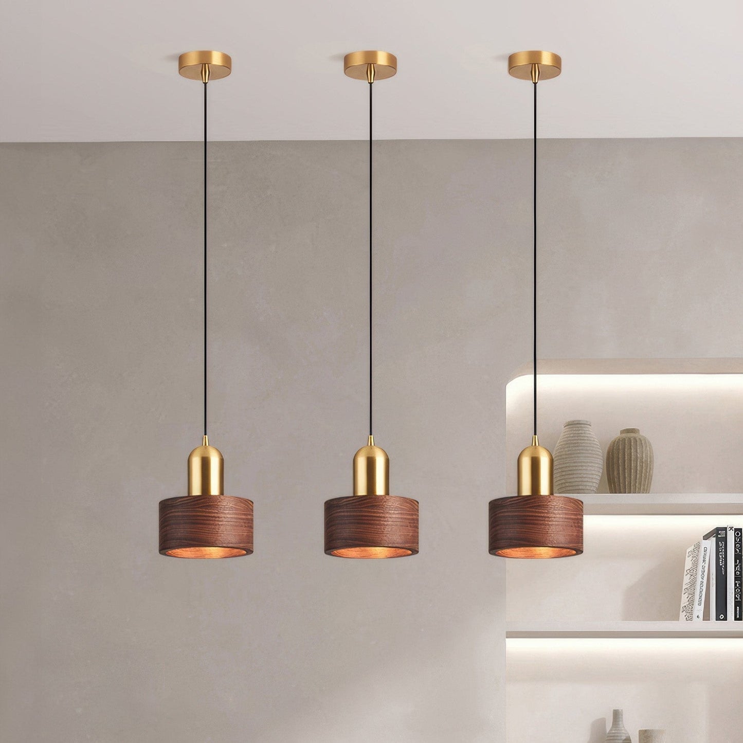 Cylinder Pendant Light | Japanese-Style Walnut & Brass Hanging Lamp 3