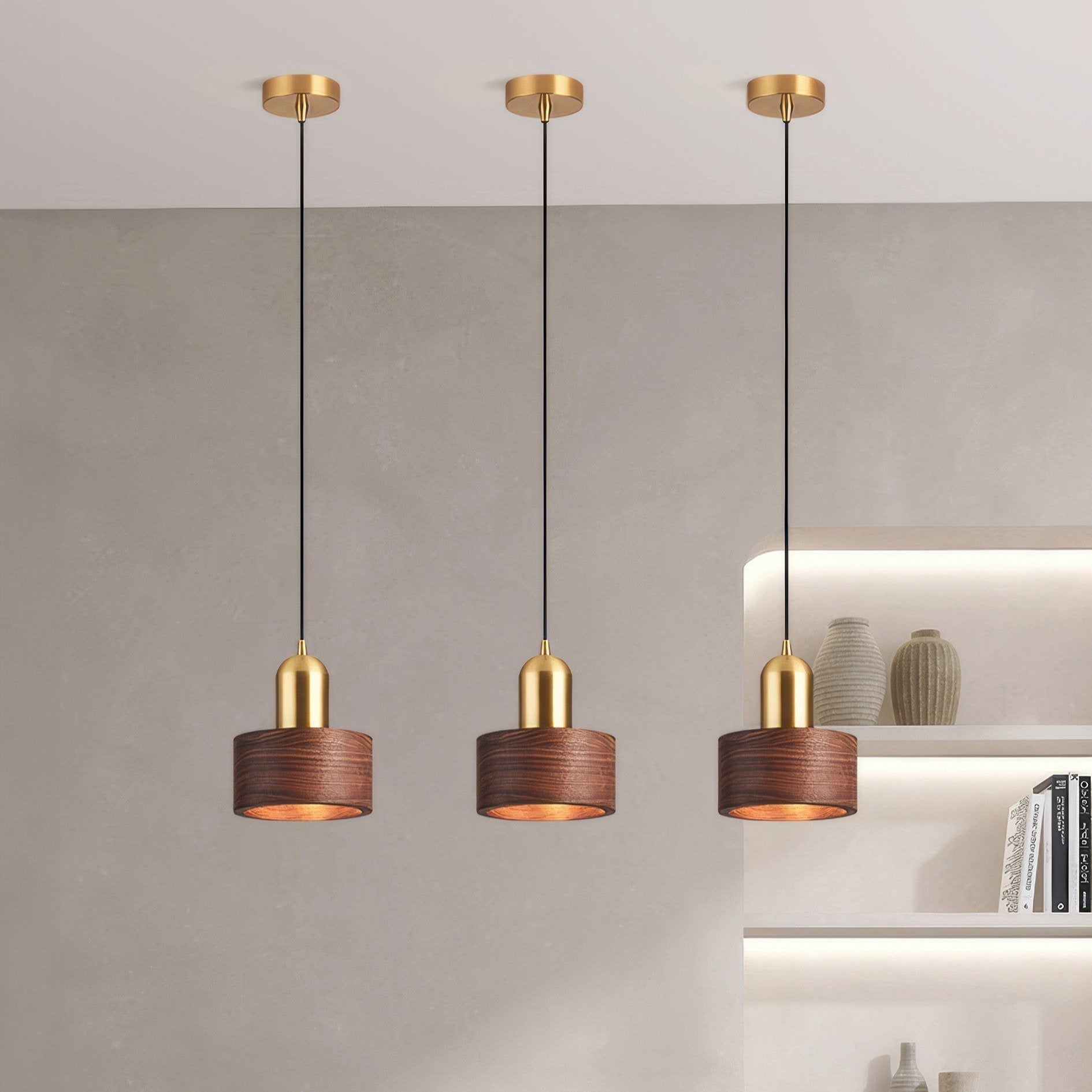 Cylinder Pendant Light | Japanese-Style Walnut & Brass Hanging Lamp 3