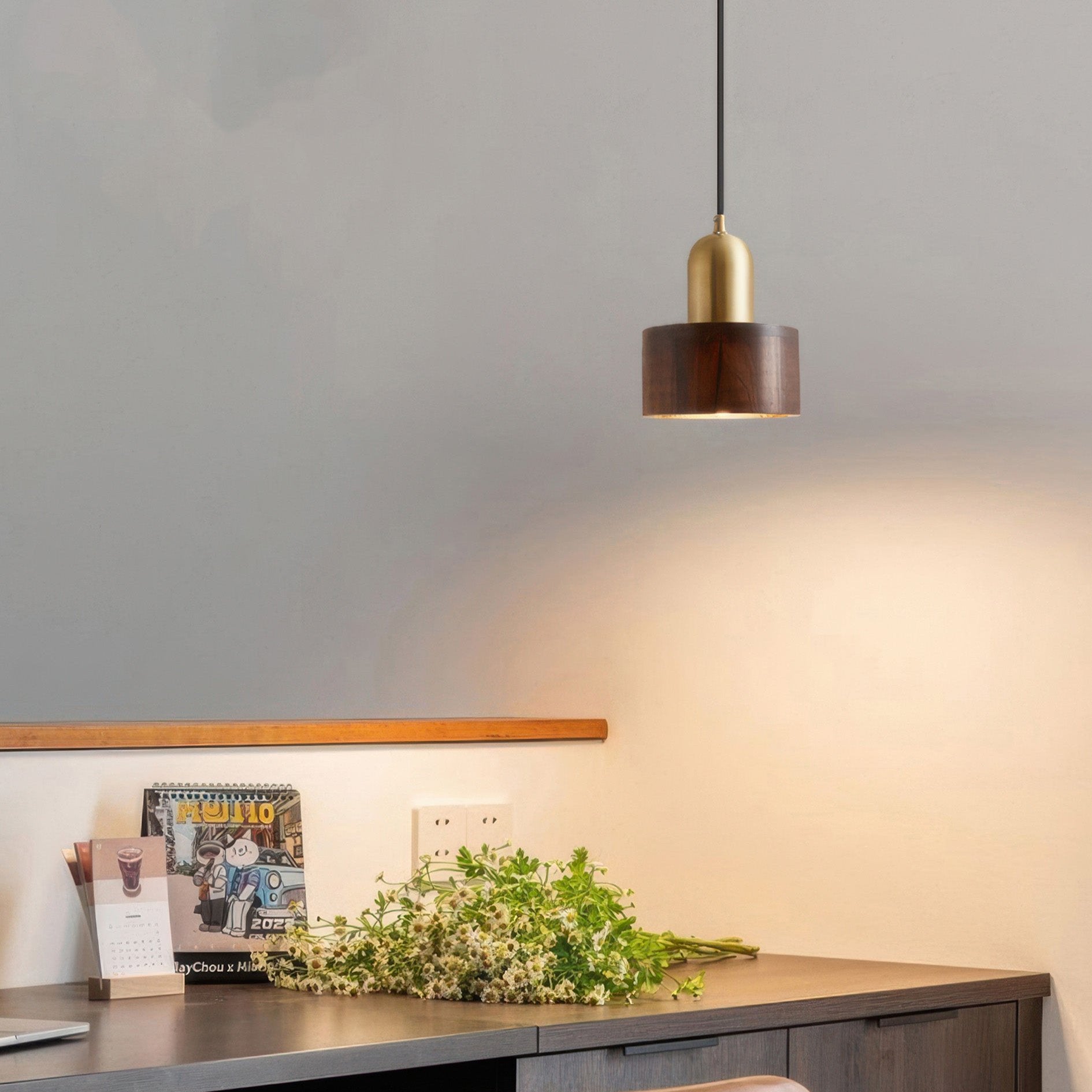 Cylinder Pendant Light | Japanese-Style Walnut & Brass Hanging Lamp 4