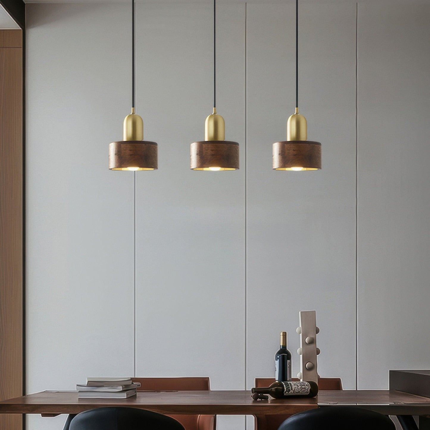 Cylinder Pendant Light | Japanese-Style Walnut & Brass Hanging Lamp 5